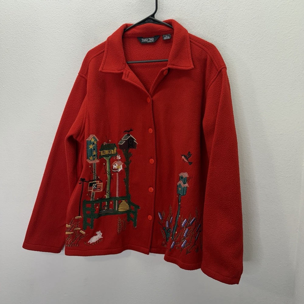 Take Two Clothing Co Fleece Sweater Shacket Button Up Embroidered Birds Nature